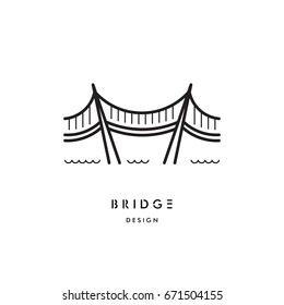 A logo with a picture of a suspension bridge on steel ropes. Vector logo of the bridge isolated on white background