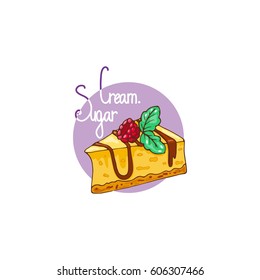 Logo with piece of cake. Doodle hand drawn vector illustration 

