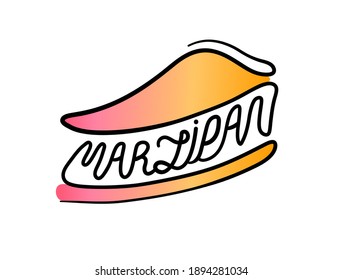 The logo is a piece of cake with the inscription marzipan in the form of an interlayer in the cake, icing in the form of an inscription. Marzipan logo for bakery. Bakery brand. Vector cake. Lettering.