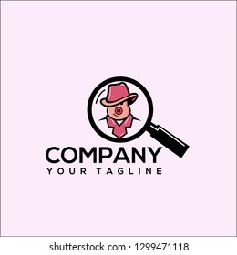 logo Pig detective cartoon, Pig search icon. Pig icon in magnifier icon - vector