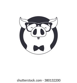 Logo pig hipster black and white