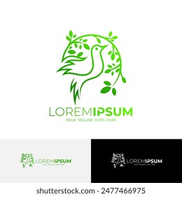 the logo is a pigeon in a cage full of leaves and green in color