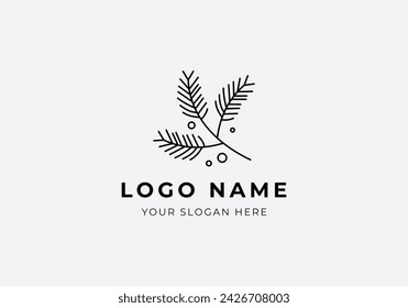 Logo Pine Branch, Pine Tree and Leaf, Minimalist, Modern, Logo Line, editable color