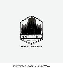 logo pine cabin line art logo vector concept with emblem  illustration template design. icon home design