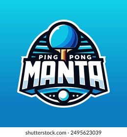  logo for "Ping Pong Manta." It includes a stylized ping pong paddle and ball set against a background with blue hues. The word "Manta" is prominently displayed in bold, white lett