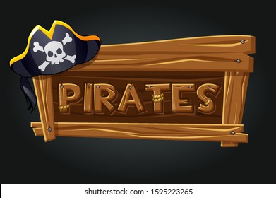 Logo pirates on a wooden old board. Logo for the game, a pirate hat on a gray background.