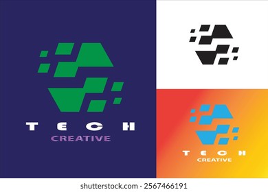 Logo pixel data hexagon letter S, Symbol for tech.