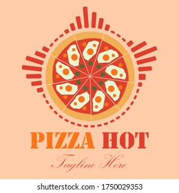 The logo for the pizza business is dotted lines with various sizes around the pizza. Vector pizza logo.