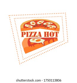 The logo for the Pizza business is an illustration of a slice of pizza with mozzarella and melted sauce. Vector Pizza logo with perspective.