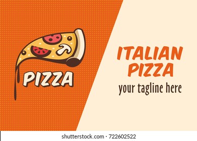 Logo of pizza in cartoon style for cafe pizzeria. Vector illustration. Slice of pizza with mushrooms, sausage, tomatoes and cheese.