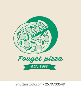 A logo for pizza restaurant "fauget pizza " with pizza icon and green circle behind it and a fauget pizza text below the  icon and est 2025 text _ vector illustration eps 