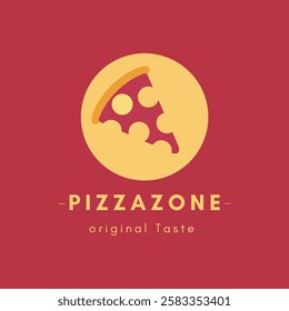 A logo for pizza restaurant pizza zone original taste with red background and pizza slice in a yellow circle 