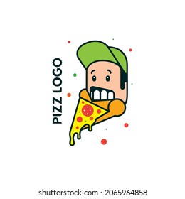 Logo for pizzeria man's head biting a slice of pizza