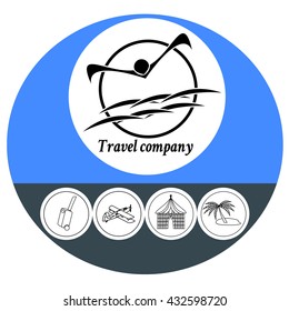 logo, plane, designed as a bird flying over the sea, clouds, against the backdrop of the globe. Icons for recreation and tourism.