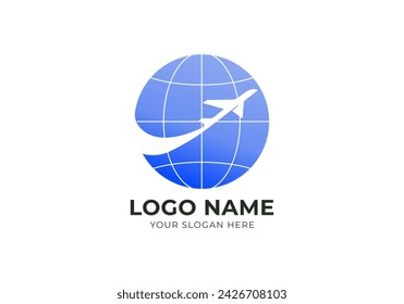 logo plane fly and globe. Earh and airplane logo design. Modern and minimalist logo design. Editable color