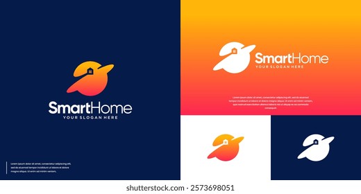 logo with planet shape and house ring, orbit, smart home technology, graphic design template.