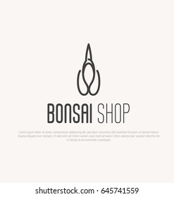 Logo for plant, bonsai or flower shop with scissors. Japanese culture. Vector illustration in thin line style.