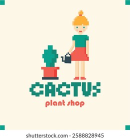 Logo for a plant store, a girl holding a watering can and watering a cactus, cactus and watering can, girl with a watering can, pixel graphics