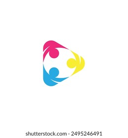 logo of playing person with play button combination in triangle shape in colorful flat design style