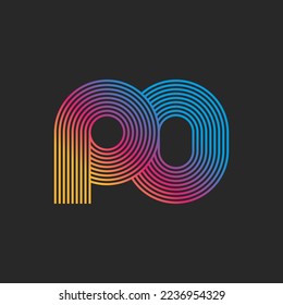 Logo PO or OP letters linear monogram from thin parallel lines and bright trendy gradient. Linked two hipster rounded letters P and O combination circle and oval geometric shapes.