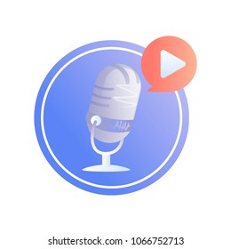 Logo podcast. A microphone with play button. Vector flat illustration