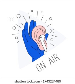 Logo for podcast radio broadcast. Hand and ear earphone hear gesture play button background. Radio host vector illustration. Doodle drawing. Podcasting broadcasting cartoon logo. Thin line flat style