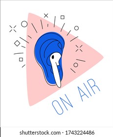 Logo for podcast radio broadcast. Human ear earphone pink play button background. Radio host vector illustration. Doodle drawing. Podcasting speaking broadcasting cartoon logo. Thin line flat style