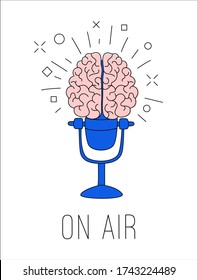 Logo for podcast radio broadcast. Human brain with mic on play button background. Radio host vector illustration. Doodle drawing. Podcasting speaking broadcasting cartoon logo. Thin line flat style