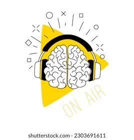 Logo de la transmisión por radio podcast. El cerebro humano con auriculares toca el fondo del botón. Ilustración vectorial de host de radio. Dibujo de Doodle podcasting hablando con la difusión del logo de la caricatura. Estilo plano de línea delgada