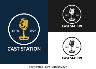 Logo Podcast or Radio design using Microphone Vector icon flat illustration VIntage Style