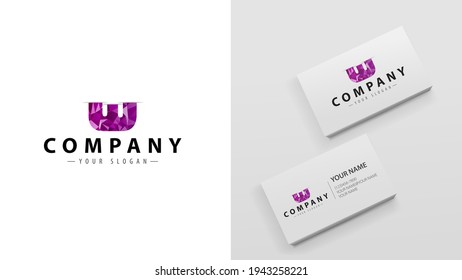 Logo polygon with the letter e. Mockup of business cards with a logo