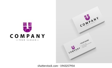Logo polygon with the letter U. Mockup of business cards with a logo