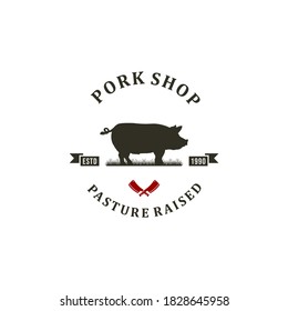 logo for pork shop with illustration of a pork that is fat and has fresh and tasty meat