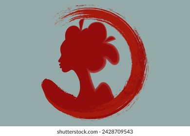 logo portrait of the Japanese girl ancient hairstyle on the red enso zen circle. Geisha, maiko, princess. Traditional Asian woman style. Round icon in art vintage paint brush vector isolated