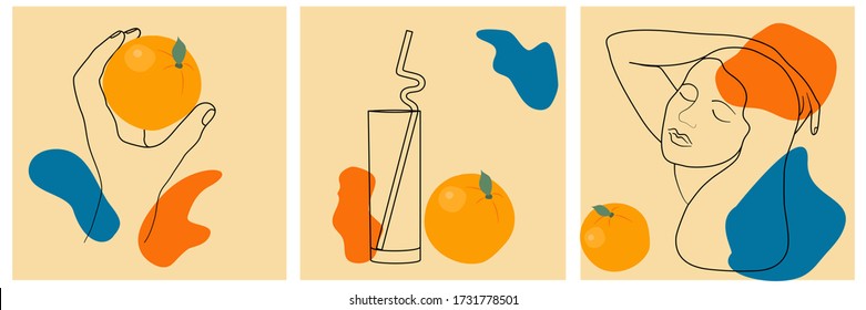 Afiche con el logo con la cara de la mujer y el naranja, con la mano y el naranja , con el vidrio y el naranja . Resumen, lineal y realista estilo. Ilustración del vector 