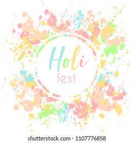 Logo or poster of holi fest. Round wreath frame with tubes of paint, drawing tools and flowers, pastel colors