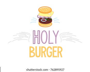 Logo, poster or illustration of separated burger layers with angel wings and nimbus above it. Isolated on white background flat line art style.