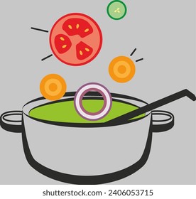 logo of a pot with soup and various ingredients on a colored background