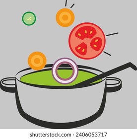 logo of a pot with soup and various ingredients on a colored background