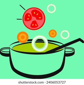 logo of a pot with soup and various ingredients on a colored background