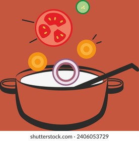 logo of a pot with soup and various ingredients on a colored background