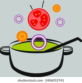 logo of a pot with soup and various ingredients on a colored background