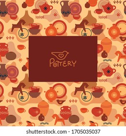 The logo of a pottery workshop or shop with a seamless pattern in the background. Pattern of various pottery.