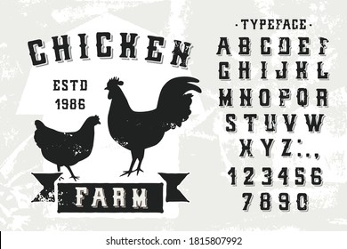 The logo of the poultry farm in vintage, Scandinavian style with the image of a rooster and a chicken on a worn paper background. Vector illustration with a set of letters and numbers drawn by hand.