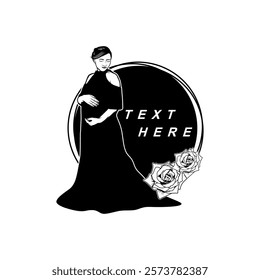 logo of pregnant woman posing holding her belly with rose flower frame black and white vector