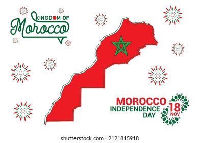 Logo presenting the kingdom of Morocco with the colors red and green plus stars in the form of fireworks. Flags of Morocco. Typography Vector illustration. 18 November independence day celebration.