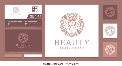 logo with pretty face line art style and crown with business card. design concept for beauty salon, massage, cosmetics.