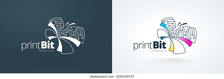 Logo Print Bit. Butterfly Digital Lines CMYK. Logotype Printing theme. Template design vector.