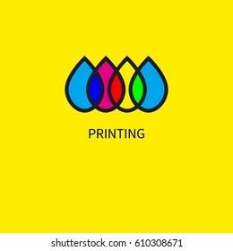 Logo printing house. Icon subtractive and addictive color models cmyk and rgb. Intersecting colored drops. Vector illustration.