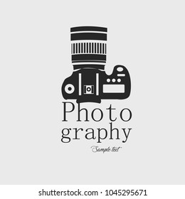 Logo professional photography: Camera and text in dark gray on white background. Vector image